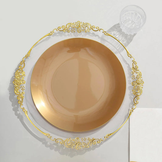 10 Pack 10" Gold Round Disposable Dinner Plates With Gold Rim, Plastic Party Plates