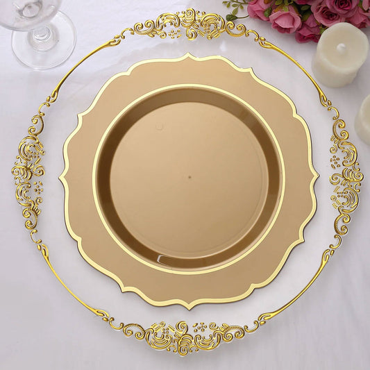 10 Pack 10" Gold Plastic Dinner Plates Disposable Tableware Round With Gold Scalloped Rim