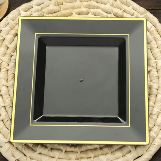 10 Pack 10" Gold Trim Black Square Plastic Disposable Dinner Plates